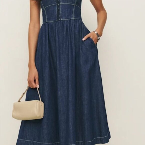 Reformation Tagliatelle Denim Midi Dress Blue - Size 10 - Picture 2 of 3